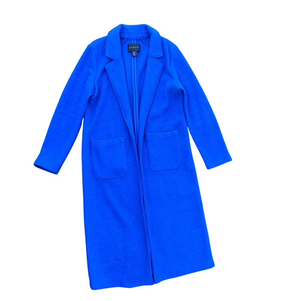 Tahari Coat Womens XS Cobalt Blue Wool Blend Longline Open Front Pockets EUC